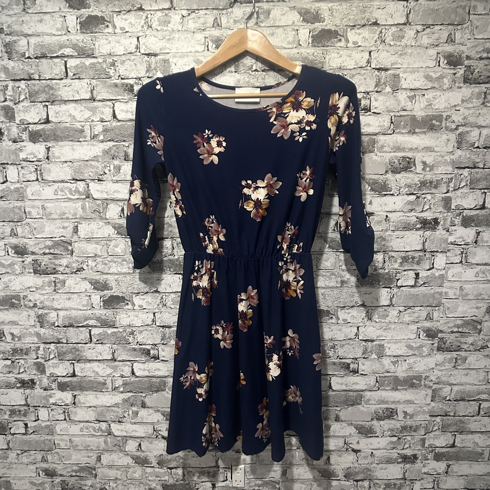 EUC French Grey Navy Floral Long Sleeve Dress Size XS